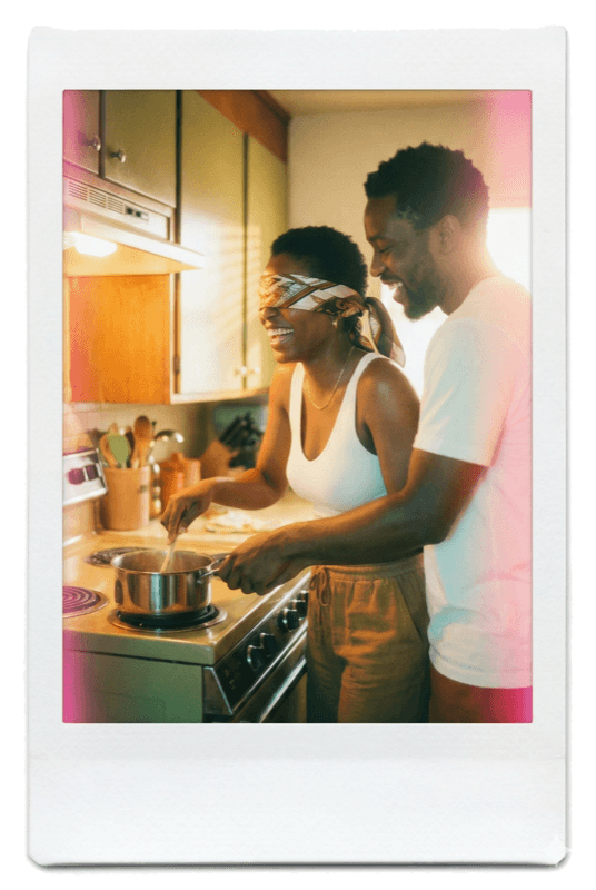 Couple doing blindfolded cooking date idea